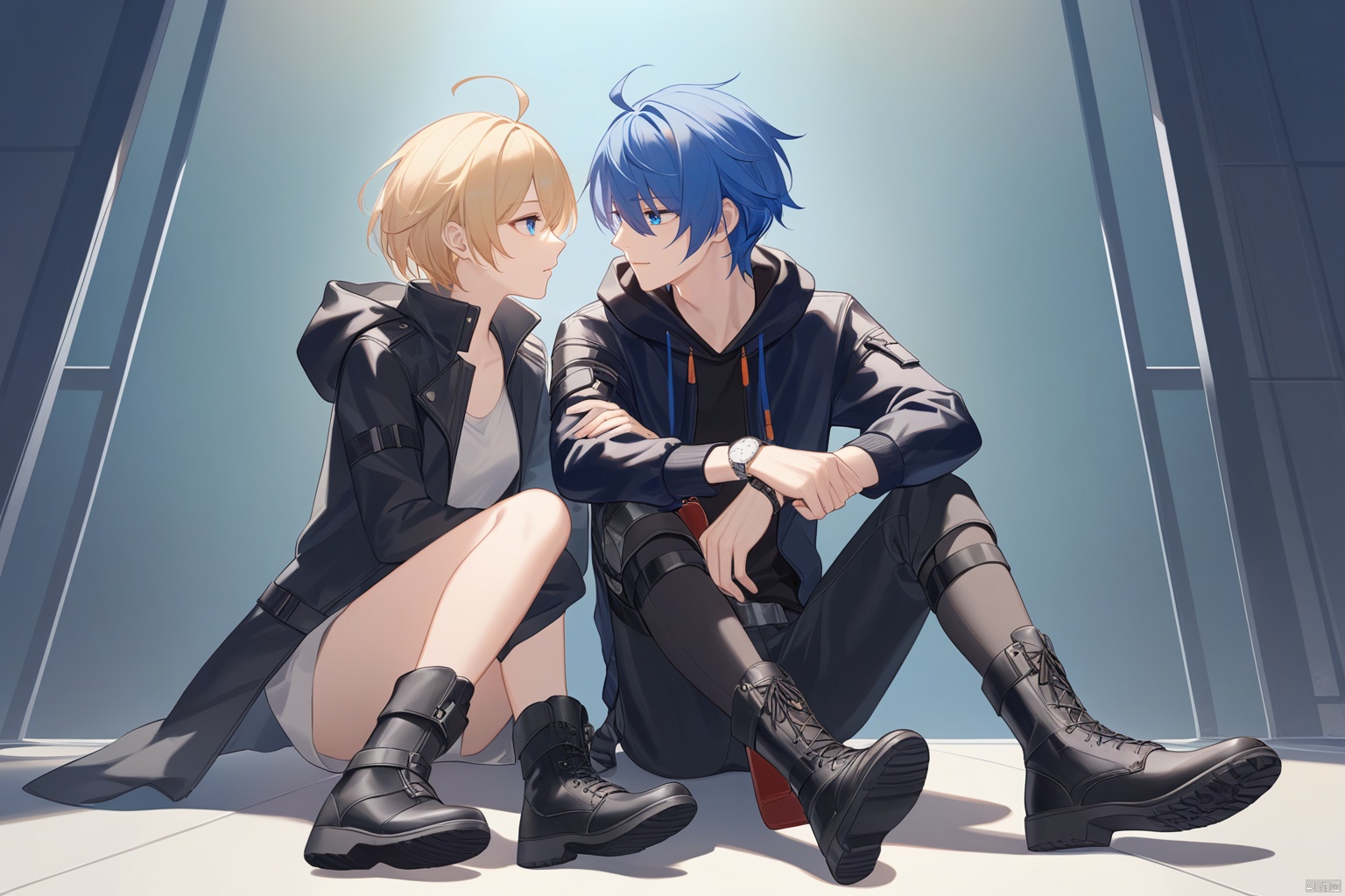  [[fu hua (phoenix)(honkai impact 3rd)]], nai3, 1girl, solo, blue eyes
{artist:ask(askzy)}, 
, (masterpiece)
1girl, short hair, bangs, blue eyes, blonde hair, 1boy, jewelry, sitting, blue hair, jacket, full body, boots, pants, hood, black footwear, looking at another, hood down, wristwatch, knee pads