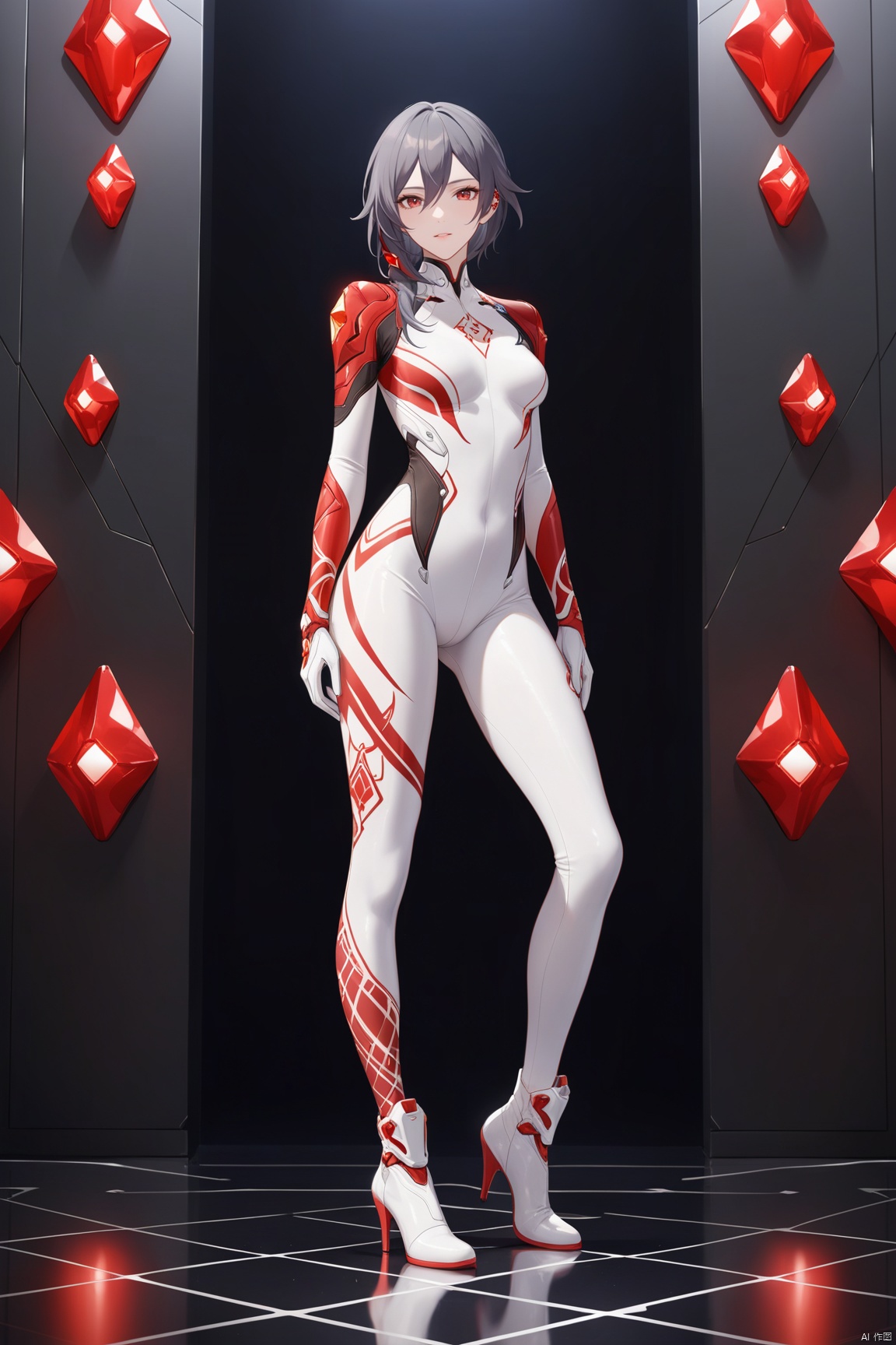  [[fu hua (phoenix)(honkai impact 3rd)]],
(full body), 
red pattern on waist,red pattern on arms,red pattern on legs,white bodysuit,white gloves,legwear,gloves,boots,logo,plugsuit,gem,bodysuit,red pattern on body,white tight-fitting,white footwear,leather suit,latex, (masterpiece), (best quality)