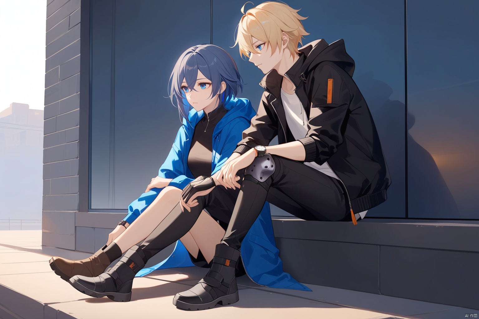  [[fu hua (phoenix)(honkai impact 3rd)]], nai3, 1girl, solo, blue eyes
{artist:ask(askzy)}, 
, (masterpiece)
1girl, short hair, bangs, blue eyes, blonde hair, 1boy, jewelry, sitting, blue hair, jacket, full body, boots, pants, hood, black footwear, looking at another, hood down, wristwatch, knee pads, (masterpiece)