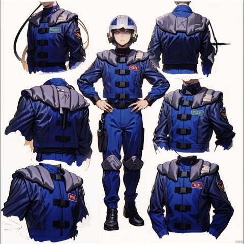 (masterpiece:1.3),(the best quality:1.2),(super fine illustrations:1.2),(Masterpiece),high quality,high detail,(white background:1.2),looking at viewer,(SOLO:1.4),outline,simple background,fullbody,, logo,belt,uniform,helmet,emblem,armor,military uniform,collar,choker,boots,pants,gloves,jacket,bodysuit,blue jacket,belt pouch,fingerless gloves,pilot suit,shoulder pads,blue pants,police uniform,clothes writing,