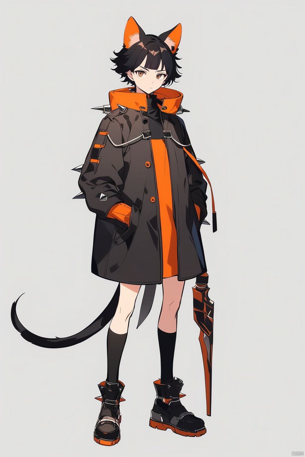 (full body), nai3, solo, artstyle,
solo, long hair, looking at viewer, short hair, bangs, simple background, shirt, black hair, gloves, long sleeves, 1boy, white background, holding, animal ears, brown eyes, jewelry, closed mouth, standing, tail, full body, ponytail, weapon, male focus, shoes, socks, black footwear, holding weapon, coat, kneehighs, black socks, spikes, hand in pocket, black coat