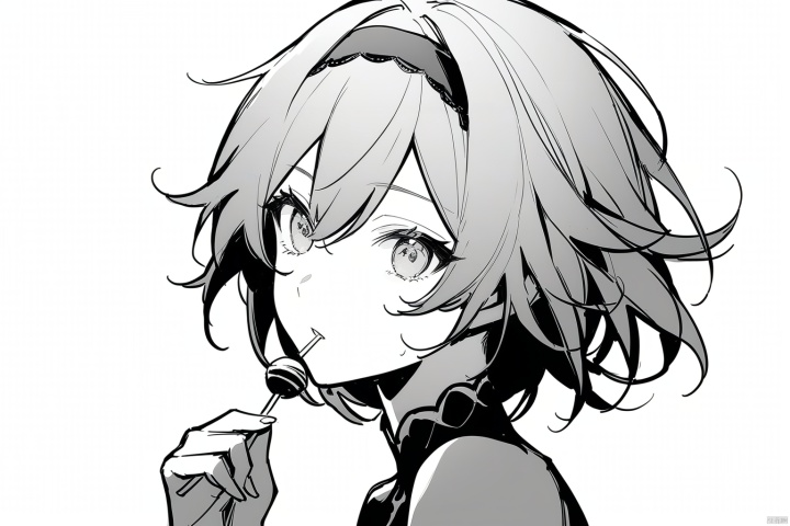  [[fu hua (phoenix)(honkai impact 3rd)]], nai3, 1girl, solo, artstyle,
1girl, solo, short hair, simple background, white background, monochrome, hairband, food, candy, lollipop, swirl lollipop