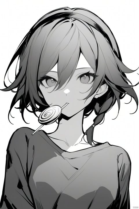  [[fu hua (phoenix)(honkai impact 3rd)]], nai3, 1girl, solo, artstyle,
1girl, solo, short hair, simple background, white background, monochrome, hairband, food, candy, lollipop, swirl lollipop