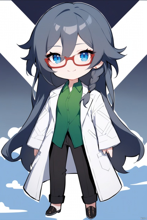  [[fu hua (phoenix)(honkai impact 3rd)]], nai3, 1girl, solo, artstyle,
1girl, solo, long hair, looking at viewer, smile, bangs, blue eyes, shirt, black hair, hair ornament, long sleeves, hair between eyes, closed mouth, full body, braid, glasses, pants, cloud, chibi, coat, black pants, cloudy sky, bottle, green shirt, labcoat, white coat, polo shirt, fu hua