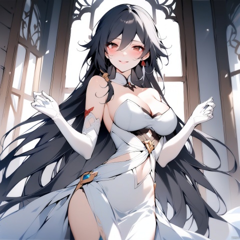  [[fu hua(honkai impact 3rd)]], nai3, 1girl, solo, artstyle,best quality,amazing quality,very aesthetic,absurdres,traditional media,female focus, 
1girl, solo, long hair, breasts, looking at viewer, blush, smile, large breasts, black hair, gloves, dress, bare shoulders, brown eyes, flower, elbow gloves, indoors, white gloves, strapless