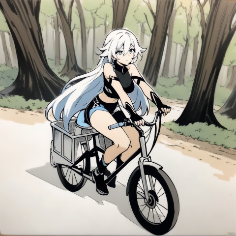  [[fu hua(honkai impact 3rd)]], nai3, 1girl, solo, artstyle,best quality,amazing quality,very aesthetic,absurdres,traditional media,female focus, 
1girl, solo, long hair, gloves, sitting, white hair, fingerless gloves, tree, parody, ground vehicle, riding, bicycle