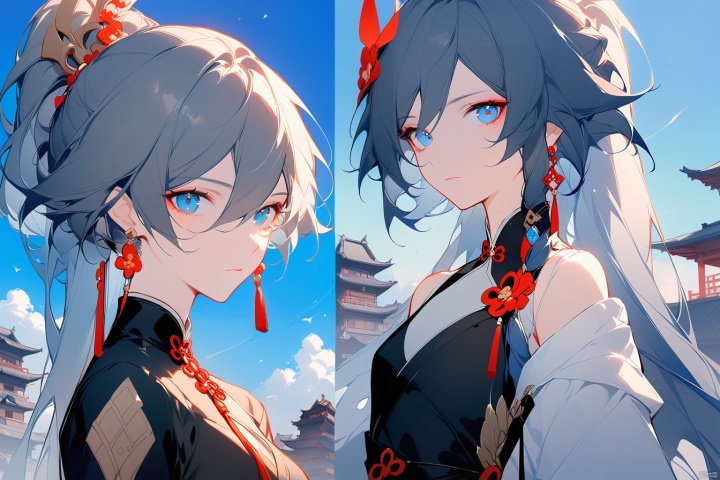 [[fu hua (phoenix)(honkai impact 3rd)]], nai3, 1girl, solo, blue eyes
{artist:ask(askzy)}, (Multiple views)
1girl, solo, long hair, looking at viewer, bangs, blue eyes, black hair, hair ornament, jewelry, closed mouth, ponytail, grey hair, earrings, outdoors, sky, blue sky, chinese clothes, architecture, east asian architecture, fu hua