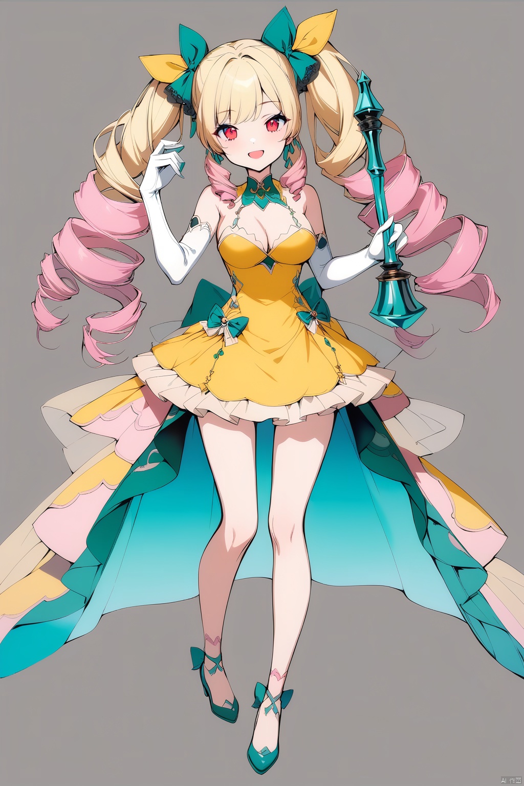 (full body), nai3, solo, artstyle,best quality,amazing quality,very aesthetic,absurdres,traditional media solo, looking at viewer,
long hair, breasts, looking at viewer, smile, open mouth, blue eyes, multiple girls, blonde hair, red eyes, gloves, dress, bow, twintails, pink hair, hair bow, green hair, elbow gloves, 3girls, drill hair, yellow dress, hammer