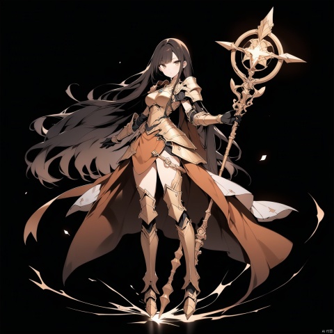 (full body), nai3, solo, artstyle,best quality,amazing quality,very aesthetic,absurdres,traditional media solo, looking at viewer,
1girl, solo, long hair, breasts, looking at viewer, simple background, brown hair, black hair, holding, standing, full body, boots, armor, staff, black background, shoulder armor, pauldrons, holding staff, magic