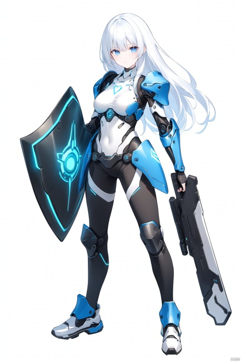 (full body), nai3, 1girl, solo, artstyle,
1girl, solo, long hair, breasts, looking at viewer, 
Durandal/Bianka Ataegina
1girl, solo, looking at viewer, blue eyes, cyborg armor, knee pads
solo, white background, holding, standing, weapon, holding weapon, gun,, holding gun, shield, holding shield, energy gun, beam rifle