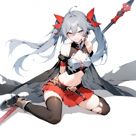 [[fu hua(honkai impact 3rd)]], nai3, 1girl, solo, artstyle,best quality,amazing quality,very aesthetic,absurdres,traditional media,female focus, 
1girl, solo, long hair,  looking at viewer,angry, simple background, thighhighs, white background, bow, ribbon, sitting, blue eyes, hair ribbon, short sleeves, hair bow, frills, grey hair, puffy sleeves, black thighhighs, red ribbon, puffy short sleeves, torn clothes, wariza, arms behind back, bound, bdsm, bondage, bound arms, front ponytail,teeth,base leg,crying_with_eyes_open
1girl, solo, breasts, looking at viewer, bangs, blue eyes, skirt, hair ornament, thighhighs, gloves, navel, holding, cleavage, bare shoulders, twintails, medium breasts, standing, full body, weapon, ahoge, red hair, pleated skirt, boots, midriff, belt, black thighhighs, miniskirt, fingerless gloves, armpits, cape, holding weapon, armor, red skirt, standing on one leg, polearm, gauntlets, breastplate, lance
