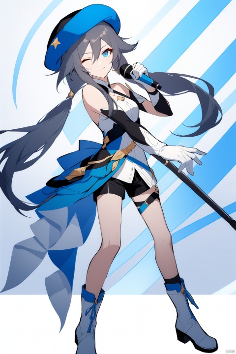  [[fu hua (phoenix)(honkai impact 3rd)]], nai3, 1girl, solo, artstyle,
1girl, solo, long hair, looking at viewer, smile, bangs, blue eyes, shirt, black hair, gloves, hat, holding, hair between eyes, closed mouth, full body, ponytail, boots, one eye closed, shorts, white gloves, star \(symbol\), beret, white footwear, microphone, blue headwear, ;\), holding microphone, microphone stand, fu hua