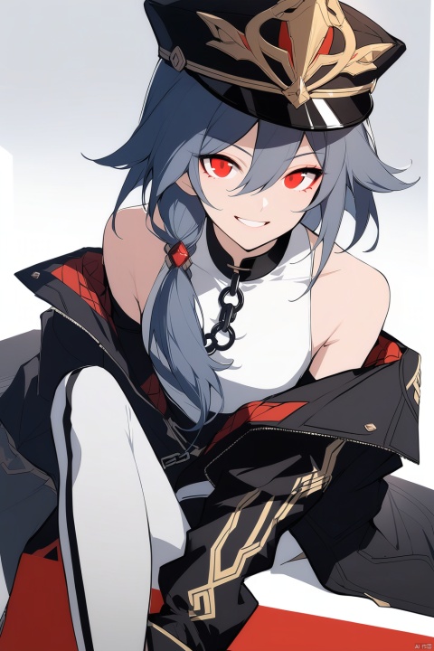  [[fu hua (phoenix)(honkai impact 3rd)]], nai3, 1girl, solo, artstyle,
1girl, solo, long hair, looking at viewer, smile, bangs, black hair, red eyes, long sleeves, hat, hair between eyes, bare shoulders, sitting, closed mouth, jacket, white shirt, ponytail, grey hair, grin, black jacket, black headwear, chain, peaked cap, fu hua