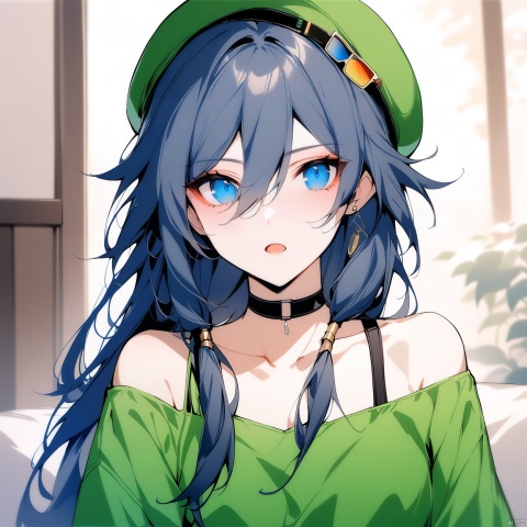  [[fu hua(honkai impact 3rd)]], nai3, 1girl, solo, artstyle,best quality,amazing quality,very aesthetic,absurdres,traditional media,female focus, 
1girl, solo, long hair, open mouth, bangs, blue eyes, shirt, black hair, hat, hair between eyes, bare shoulders, short sleeves, choker, indoors, beret, sunglasses, casual, yellow shirt, green shirt, eyewear removed, eyewear hang, fu hua