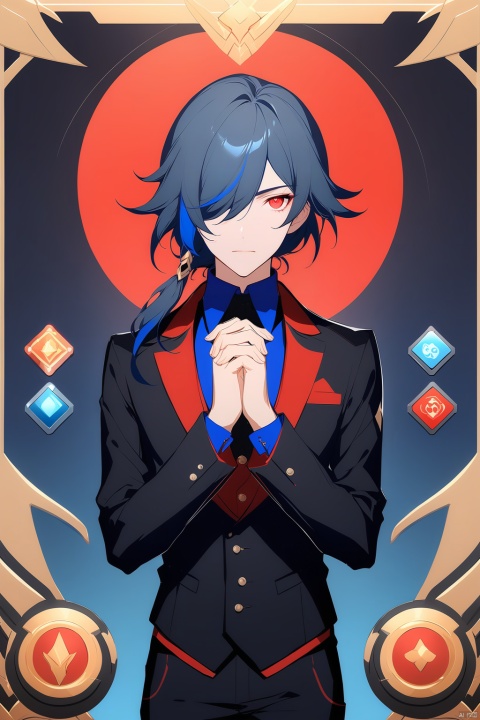  [[fu hua (phoenix)(honkai impact 3rd)]], nai3, 1girl, solo, artstyle,
solo, looking at viewer, shirt, black hair, red eyes, long sleeves, 1boy, closed mouth, blue hair, male focus, multicolored hair, pants, hair over one eye, vest, black pants, own hands together, blue vest, gameplay mechanics, fake screenshot