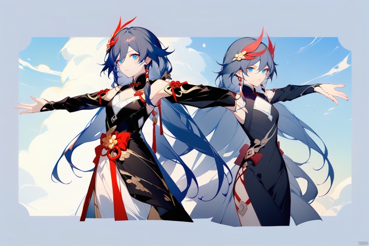 [[fu hua (phoenix)(honkai impact 3rd)]], nai3, 1girl, solo, blue eyes
{artist:ask(askzy)}, (Multiple views)
1girl, solo, long hair, looking at viewer, bangs, blue eyes, black hair, hair ornament, long sleeves, closed mouth, outdoors, sky, blue sky, chinese clothes, outstretched arms, spread arms, fu hua