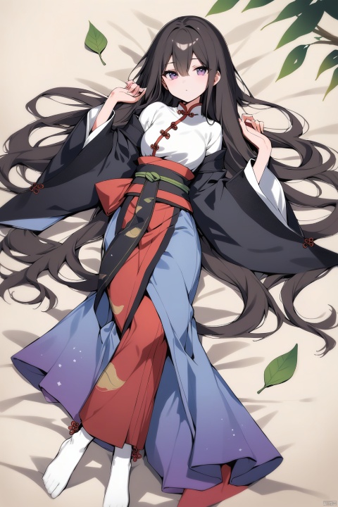 (full body), nai3, solo, artstyle,best quality,amazing quality,very aesthetic,absurdres,traditional media solo, looking at viewer,
1girl, solo, long hair, looking at viewer, bangs, black hair, long sleeves, hair between eyes, very long hair, purple eyes, lying, wide sleeves, on back, sash, leaf, chinese clothes, plant