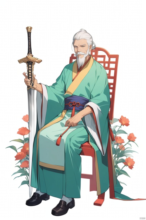(full body), nai3, solo, artstyle,
solo, looking at viewer, long sleeves, 1boy, white background, holding, sitting, standing, full body, weapon, flower, white hair, male focus, shoes, socks, sword, wide sleeves, black footwear, facial hair, chair, chinese clothes, beard, mustache, old, old man, hanfu