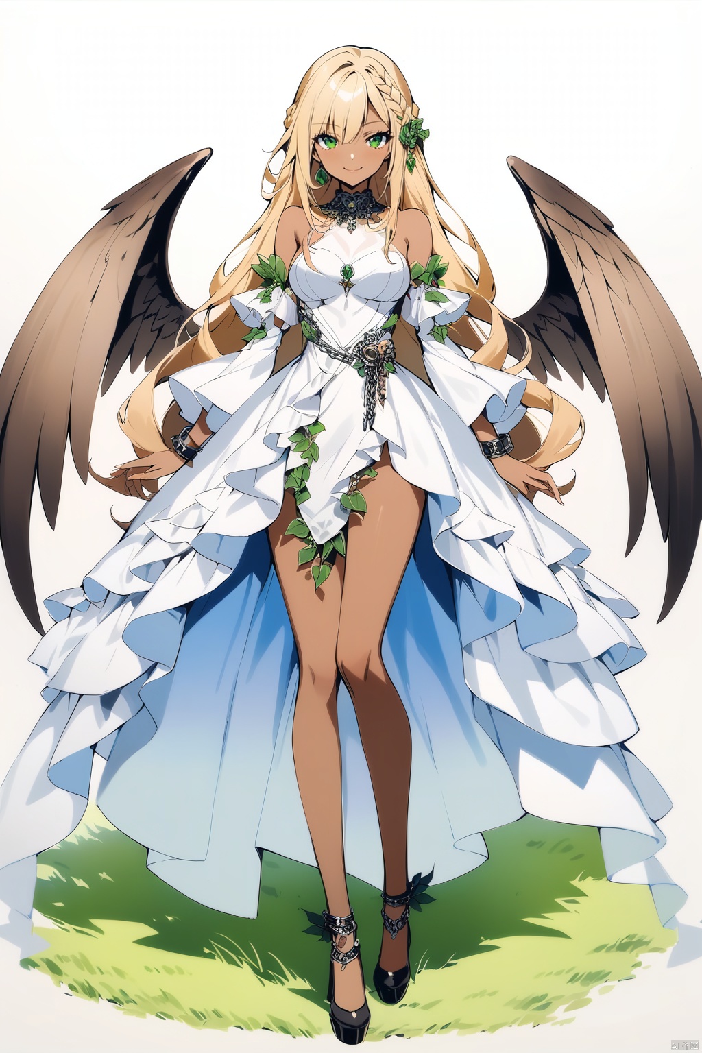 (full body), nai3, solo, artstyle,best quality,amazing quality,very aesthetic,absurdres,traditional media solo, looking at viewer,
1girl, solo, long hair, breasts, looking at viewer, smile, blonde hair, brown hair, hair ornament, dress, bare shoulders, medium breasts, green eyes, full body, braid, multicolored hair, outdoors, detached sleeves, wings, sky, dark skin, dark-skinned female, chain, grass