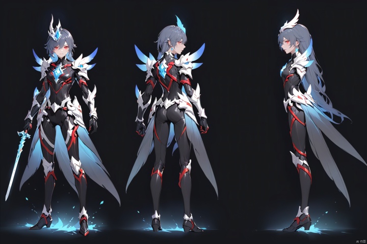  [[fu hua (phoenix)(honkai impact 3rd)]], nai3, 1girl, solo, blue eyes
{artist:ask(askzy)}, (Multiple views)
solo, looking at viewer, simple background, red eyes,  holding, standing, full body, weapon,sword, holding weapon, armor, bodysuit, glowing, holding sword, sharp teeth, black background, black bodysuit, tokusatsu