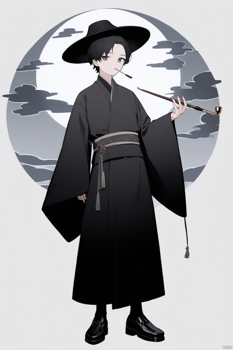 (full body), nai3, solo, artstyle,
solo, looking at viewer, short hair, black hair, long sleeves, 1boy, white background, holding, standing, full body, male focus, wide sleeves, black footwear, sash, black headwear, moon, smoke, robe, smoking pipe, holding smoking pipe, hanfu