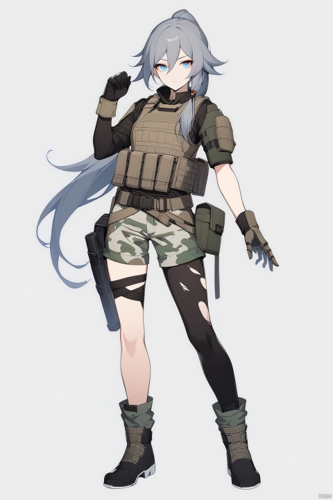  [[fu hua (phoenix)(honkai impact 3rd)]], nai3, 1girl, solo, artstyle,
1girl, solo, long hair, breasts, looking at viewer, bangs, simple background, blue eyes,hair between eyes, closed mouth, standing, full body, ponytail, grey hair, boots, shorts, black gloves, belt, hand up, cape, black boots, high ponytail, single glove, torn capelet, mechanical arms, single mechanical arm ,fighting stance
soldier girl, wearing winter camo military fatigues, camo plate carrier rig, combat gloves, (magazin pouches), (kneepads), highly-detailed, perfect face, blue eyes, small waist, 