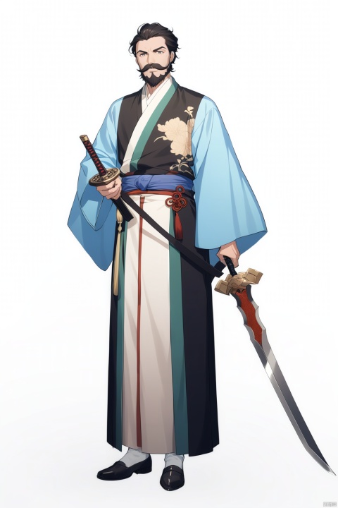 (full body), nai3, solo, artstyle,
solo, looking at viewer, long sleeves, 1boy, white background, holding, standing, full body, weapon, flower, black hair, male focus, shoes, socks, sword, wide sleeves, black footwear, facial hair, chinese clothes, beard, mustache, man, hanfu