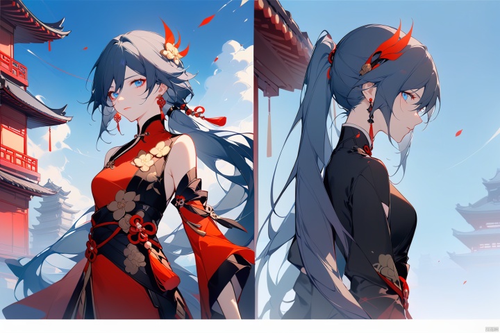 [[fu hua (phoenix)(honkai impact 3rd)]], nai3, 1girl, solo, blue eyes
{artist:ask(askzy)}, (Multiple views)
1girl, solo, long hair, looking at viewer, bangs, blue eyes, black hair, hair ornament, jewelry, closed mouth, ponytail, grey hair, earrings, outdoors, sky, blue sky, chinese clothes, architecture, east asian architecture, fu hua