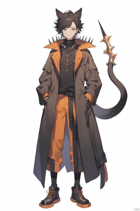 (full body), nai3, solo, artstyle,
solo, long hair, looking at viewer, short hair, bangs, simple background, shirt, black hair, gloves, long sleeves, 1boy, white background, holding, animal ears, brown eyes, jewelry, closed mouth, standing, tail, full body, ponytail, weapon, male focus, shoes, socks, black footwear, holding weapon, coat, kneehighs, black socks, spikes, hand in pocket, black coat