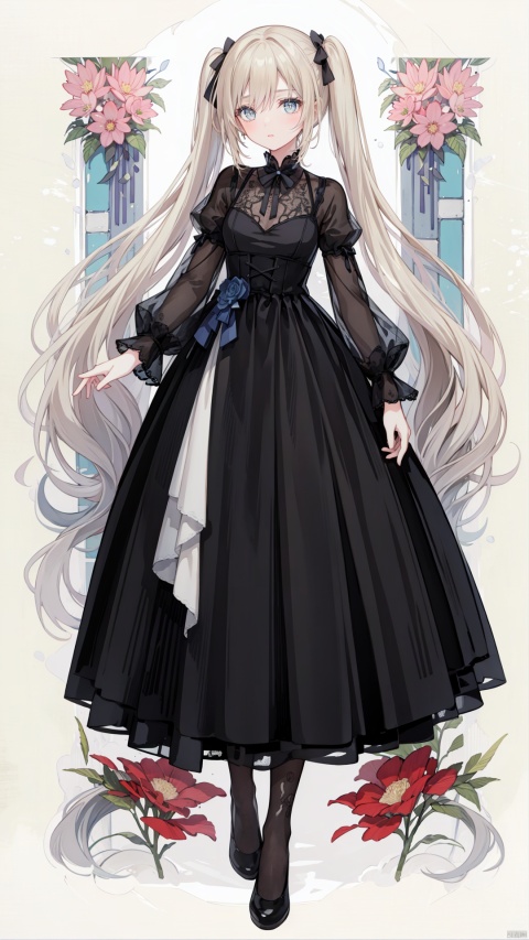 Illustration of a blonde anime twintails wavy hair girl wearing a Gothic lace dress in the style of the Edwardian era, captured in a vintage etching. Her dress is adorned with intricate details reminiscent of Damascus steel. beautiful colorful stained glass ,twintails, cute