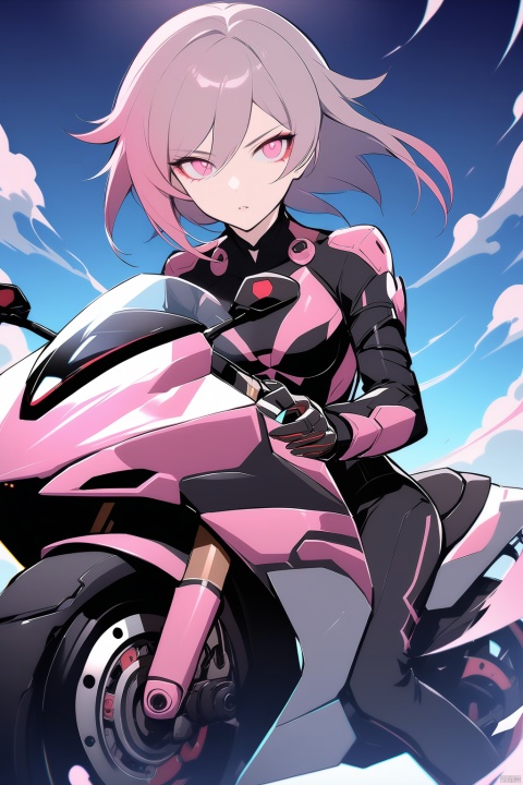  [[fu hua (phoenix)(honkai impact 3rd)]], nai3, 1girl, solo, artstyle,
Pink split short hair, pink eyes, royal sister, sassy, sci-fi style, motorcycle, Harley,