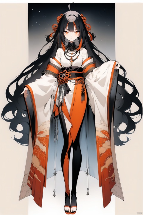 (full body), nai3, solo, artstyle,best quality,amazing quality,very aesthetic,absurdres,traditional media solo, looking at viewer,
1girl, solo, long hair, looking at viewer, black hair, long sleeves, jewelry, very long hair, closed mouth, standing, full body, ahoge, multicolored hair, wide sleeves, necklace, orange eyes, chain, toeless legwear