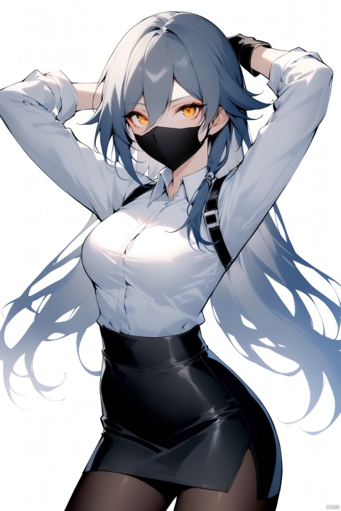  [[fu hua(honkai impact 3rd)]], nai3, 1girl, solo, artstyle,best quality,amazing quality,very aesthetic,absurdres,traditional media,female focus, 
1girl, solo, long hair, breasts, looking at viewer, bangs, skirt, simple background, shirt, gloves, long sleeves, white background, hair between eyes, yellow eyes, white shirt, grey hair, pantyhose, cowboy shot, black gloves, black skirt, arms up, black pantyhose, mask, pencil skirt, high-waist skirt, mouth mask, black mask