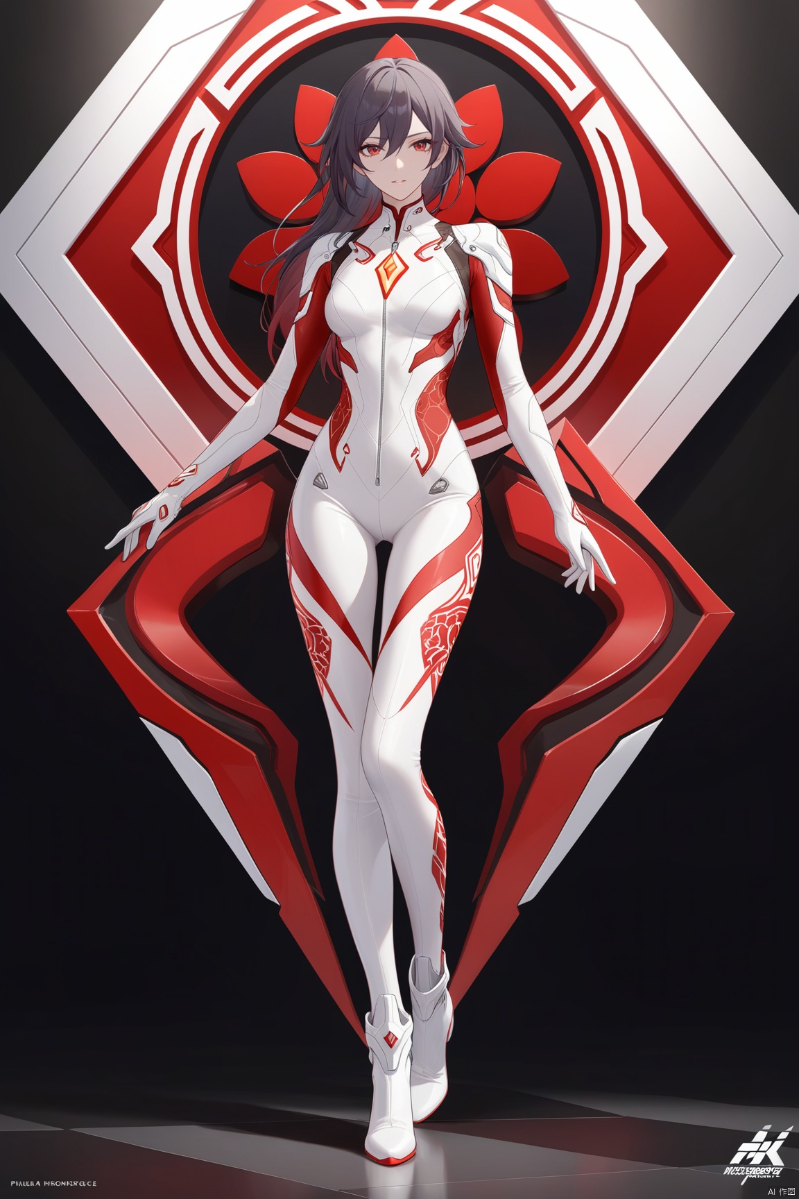  [[fu hua (phoenix)(honkai impact 3rd)]],
(full body), 
red pattern on waist,red pattern on arms,red pattern on legs,white bodysuit,white gloves,legwear,gloves,boots,logo,plugsuit,gem,bodysuit,red pattern on body,white tight-fitting,white footwear,leather suit,latex, (masterpiece)