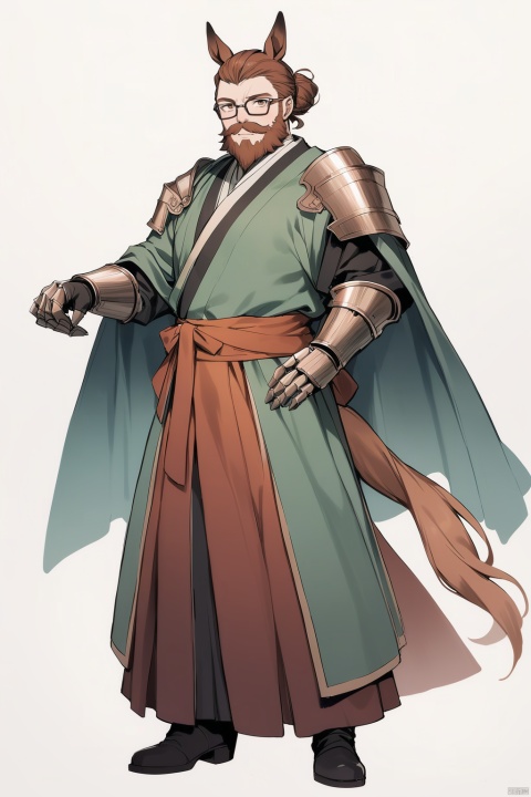 (full body), nai3, solo, artstyle,best quality,amazing quality,very aesthetic,absurdres,traditional media solo, looking at viewer,
,horse tail, full body,boots, male focus,beard, mustache,((( horse ears, brown eyes,hanfu,slightly fat, glasses,shoulder armor,gauntlets,))),30y.o.solo,hair bun