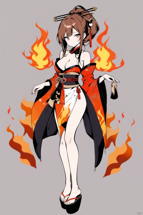 (full body), nai3, solo, artstyle,best quality,amazing quality,very aesthetic,absurdres,traditional media solo, looking at viewer,
1girl, solo, long hair, breasts, looking at viewer, simple background, brown hair, hair ornament, cleavage, brown eyes, standing, full body, ponytail, detached sleeves, japanese clothes, grey background, fire, hair stick, flame