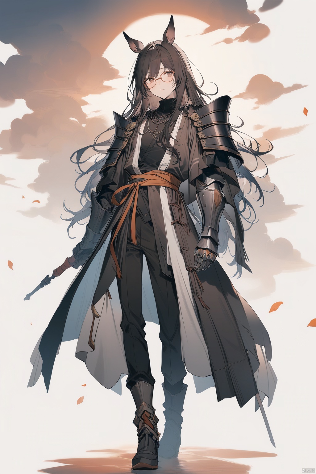 (full body), nai3, solo, artstyle,best quality,amazing quality,very aesthetic,absurdres,traditional media solo, looking at viewer,
,horse tail, full body,boots, ,(((male focus, horse ears, brown eyes,hanfu, glasses,shoulder armor,gauntlets,))),30y.o.solo,,:),full_body
