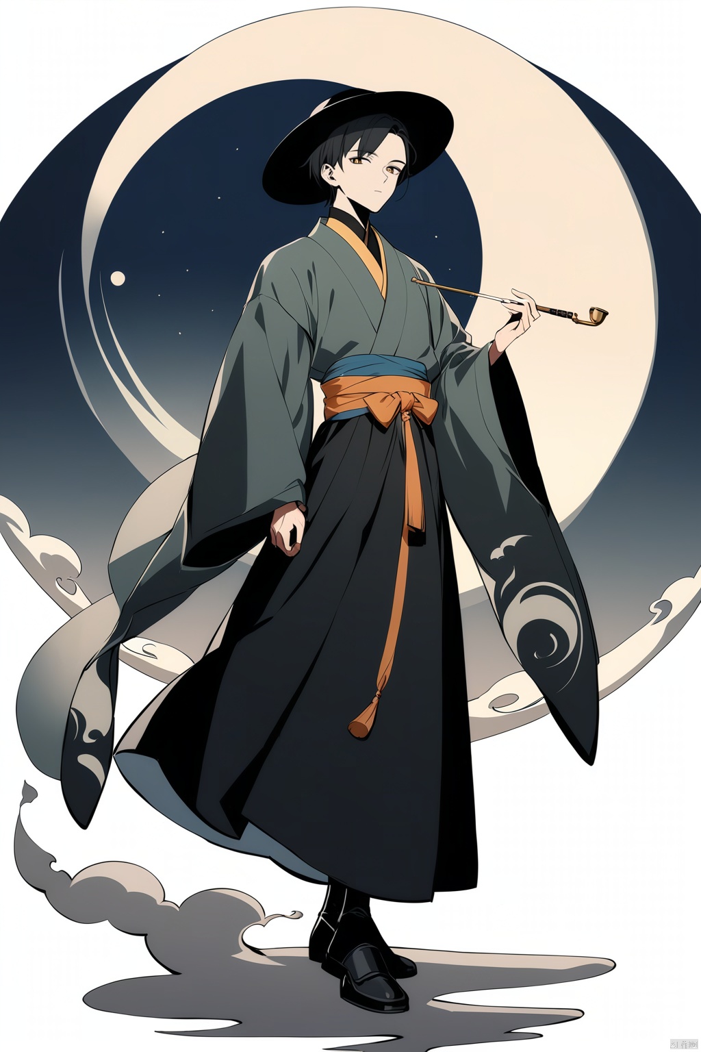 (full body), nai3, solo, artstyle,
solo, looking at viewer, short hair, black hair, long sleeves, 1boy, white background, holding, standing, full body, male focus, wide sleeves, black footwear, sash, black headwear, moon, smoke, robe, smoking pipe, holding smoking pipe, hanfu