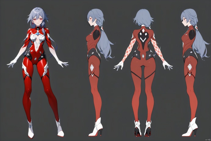  [[fu hua (phoenix)(honkai impact 3rd)]],
(full body), (Multi-view image :1.5) 
red pattern on waist,red pattern on arms,red pattern on legs,white bodysuit,white gloves,legwear,gloves,boots,logo,plugsuit,gem,bodysuit,red pattern on body,white tight-fitting,white footwear,leather suit,latex, (masterpiece), (best quality)