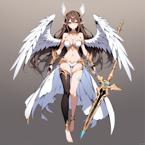 (full body), nai3, solo, artstyle,best quality,amazing quality,very aesthetic,absurdres,traditional media solo, looking at viewer,
1girl, solo, long hair, breasts, large breasts, brown hair, thighhighs, navel, holding, cleavage, bare shoulders, full body, weapon, wings, barefoot, pointy ears, armor, polearm, elf, single thighhigh, feathered wings, angel wings, white wings