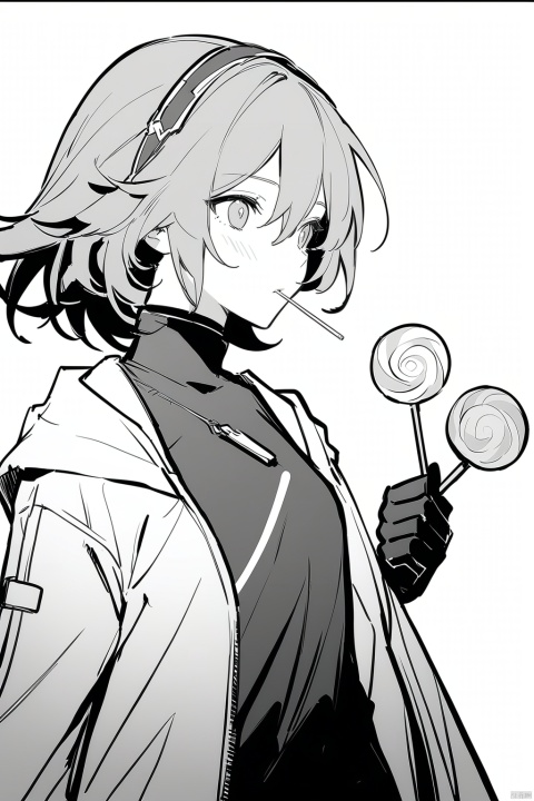  [[fu hua (phoenix)(honkai impact 3rd)]], nai3, 1girl, solo, artstyle,
1girl, solo, short hair, simple background, white background, monochrome, hairband, food, candy, lollipop, swirl lollipop