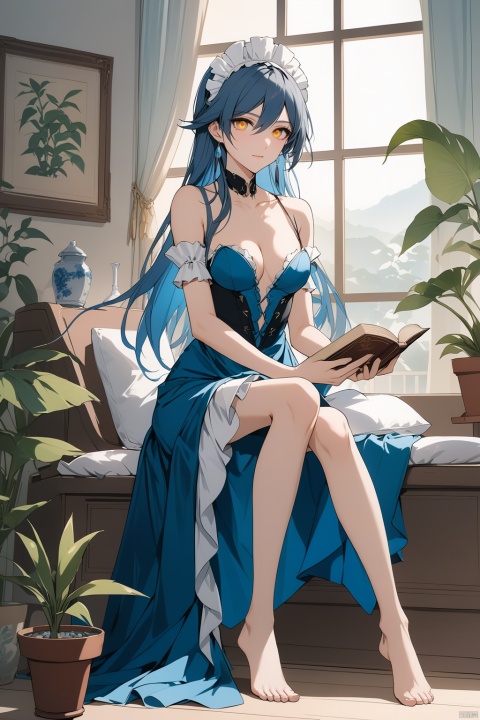 [[fu hua(honkai impact 3rd)]], nai3, 1girl, solo, artstyle,best quality,amazing quality,very aesthetic,absurdres,traditional media,female focus, 
1girl, solo, long hair, breasts, looking at viewer, bangs, blue eyes, dress, holding, cleavage, hair between eyes, sitting, very long hair, blue hair, full body, yellow eyes, frills, shorts, barefoot, indoors, official alternate costume, pillow, book, maid, maid headdress, heterochromia, plant, potted plant