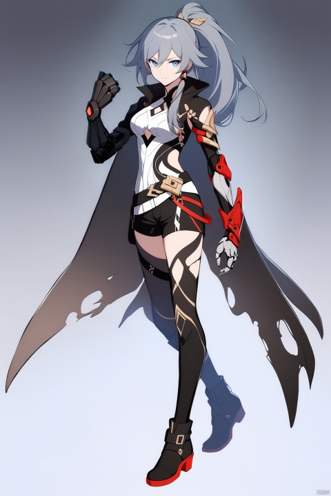  [[fu hua (phoenix)(honkai impact 3rd)]], nai3, 1girl, solo, artstyle,
1girl, solo, long hair, breasts, looking at viewer, bangs, simple background, blue eyes,hair between eyes, closed mouth, standing, full body, ponytail, grey hair, boots, shorts, black gloves, belt, hand up, cape, black boots, high ponytail, single glove, torn capelet, mechanical arms, single mechanical arm ,fighting stance