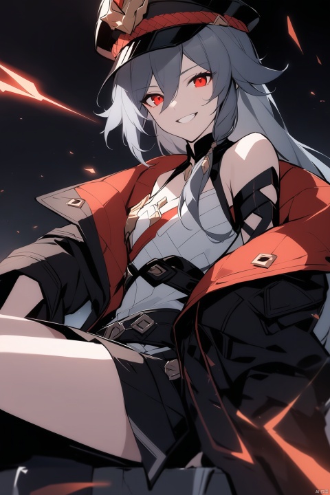  [[fu hua (phoenix)(honkai impact 3rd)]], nai3, 1girl, solo, artstyle,
1girl, solo, long hair, looking at viewer, smile, bangs, black hair, red eyes, long sleeves, hat, hair between eyes, bare shoulders, sitting, closed mouth, jacket, white shirt, ponytail, grey hair, grin, black jacket, black headwear, chain, peaked cap, fu hua