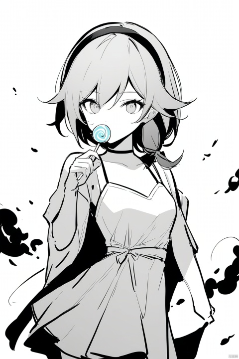  [[fu hua (phoenix)(honkai impact 3rd)]], nai3, 1girl, solo, artstyle,
1girl, solo, short hair, simple background, white background, monochrome, hairband, food, candy, lollipop, swirl lollipop