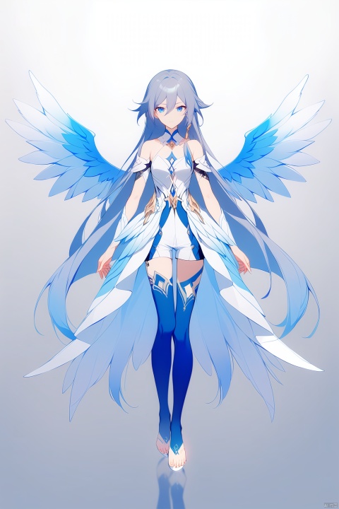  [[fu hua (phoenix)(honkai impact 3rd)]], nai3, 1girl, solo, artstyle,
1girl, solo, long hair, looking at viewer, blue eyes, white background, dress, hair between eyes, bare shoulders, very long hair, closed mouth, blue hair, full body, white hair, multicolored hair, wings, shorts, two-tone hair, gradient, gradient background, feathered wings, toenails, blue thighhighs, blue wings