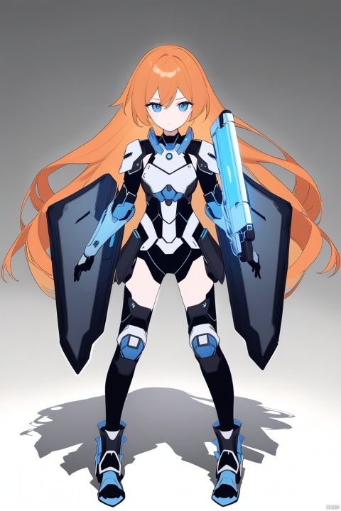 (full body), nai3, 1girl, solo, artstyle,
1girl, solo, long hair, breasts, looking at viewer, 
Durandal/Bianka Ataegina
1girl, solo, looking at viewer, blue eyes, cyborg armor, knee pads
solo, white background, holding, standing, weapon, holding weapon, gun,, holding gun, shield, holding shield, energy gun, beam rifle