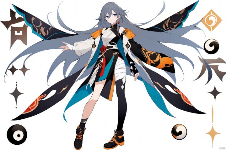  [[fu hua (phoenix)(honkai impact 3rd)]], nai3, 1girl, solo, artstyle,
1girl, solo, long hair, looking at viewer, bangs, blue eyes, simple background, black hair, gloves, long sleeves, white background, hair between eyes, jewelry, closed mouth, standing, jacket, full body, grey hair, earrings, shoes, black gloves, fingerless gloves, black footwear, bandages, chinese clothes, single glove, chinese text, bandaged leg, yin yang, fu hua