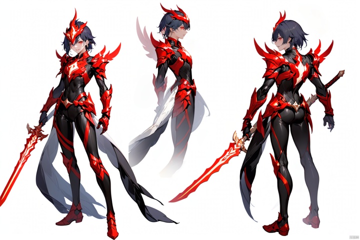  [[fu hua (phoenix)(honkai impact 3rd)]], nai3, 1girl, solo, blue eyes
{artist:ask(askzy)}, (Multiple views)
solo, looking at viewer, simple background, red eyes,  holding, standing, full body, weapon,sword, holding weapon, armor, bodysuit, glowing, holding sword, sharp teeth, black background, black bodysuit, tokusatsu