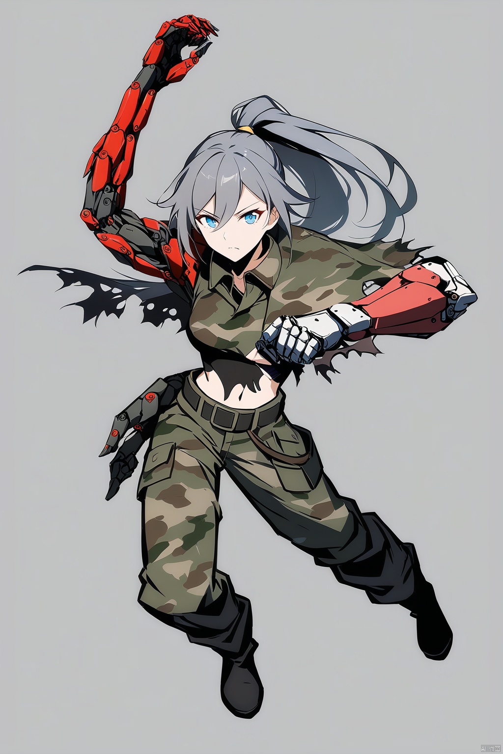  [[fu hua (phoenix)(honkai impact 3rd)]], nai3, 1girl, solo, artstyle,
1girl, solo, long hair, breasts, looking at viewer, bangs, simple background, blue eyes,hair between eyes, closed mouth, standing, full body, ponytail, grey hair, boots, shorts, black gloves, belt, hand up, cape, black boots, high ponytail, single glove,(((( camo military fatigues, torn capelet, mechanical arms, single mechanical arm ,fighting stance))))
 small waist, 